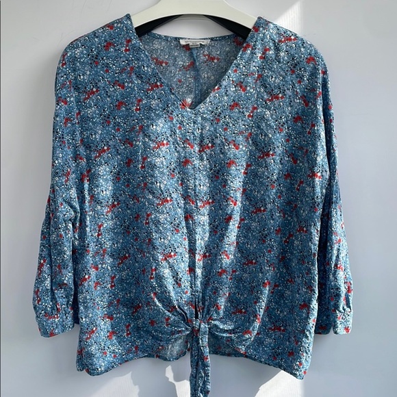 Beachlunchlounge Blue 3/4 Sleeve Tie Front Viscose  Blouse Medium - Picture 3 of 15